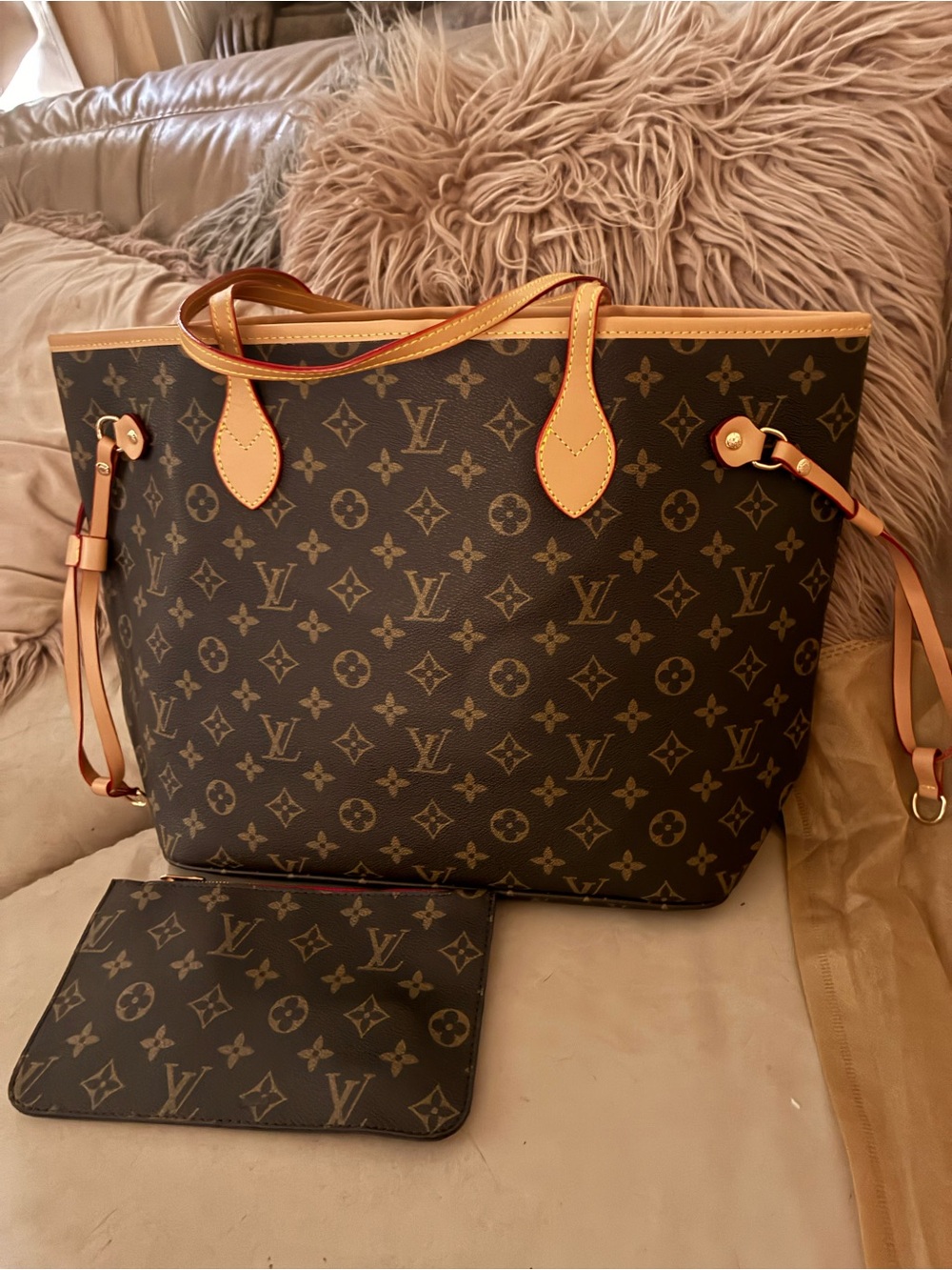 Louis Vuitton Monogram Tote with Natural Vachetta Trim red lining